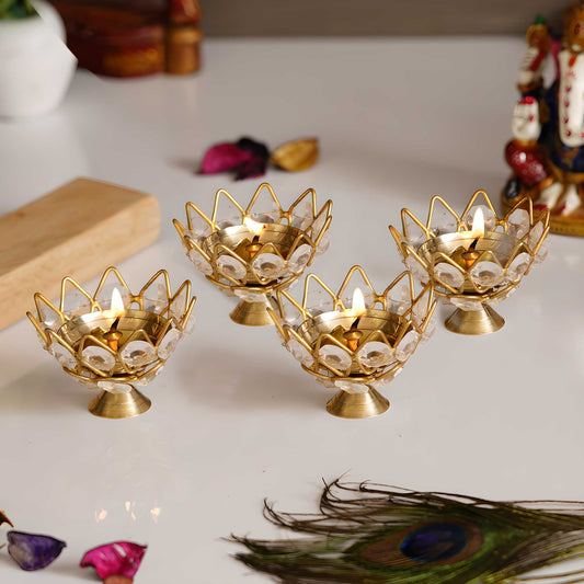 eCraftIndia Lotus Shape Crystal Tea Light Holder – Set of 4 Decorative Candle Holders
