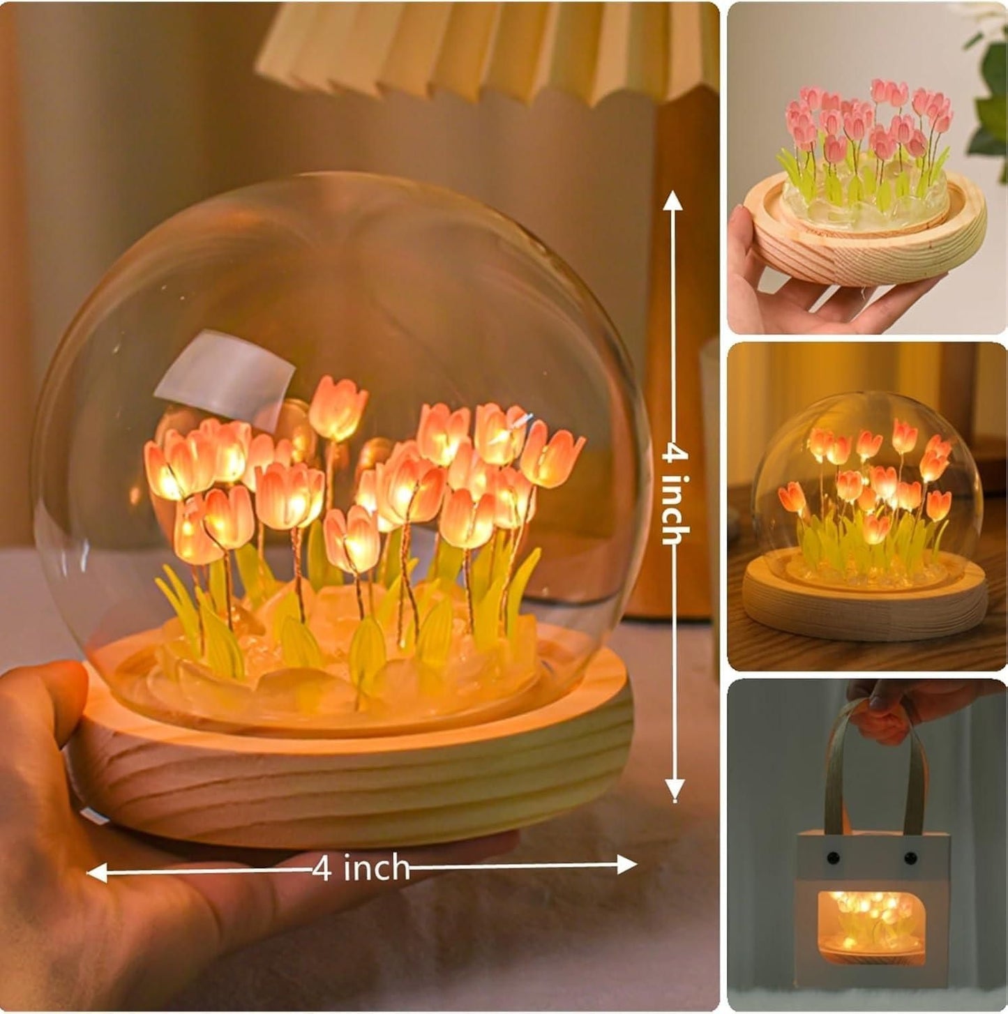 Round Tulip LED Table Lamp with Wooden Base - Multicolor Touch Night Light for Home Decor