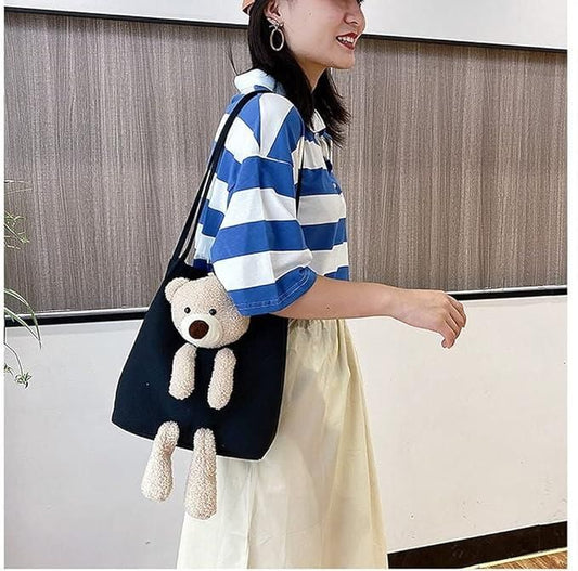 Cute Shoulder Bag for Women – Kawaii Plush Tote Handbag with Teddy Bear Design, Large Capacity Casual Crossbody Purse (Black)