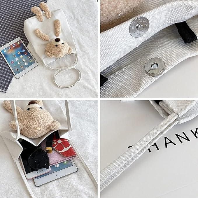 Cute Shoulder Bag for Women – Kawaii Plush Tote Handbag with Teddy Bear Design, Large Capacity Casual Crossbody Purse (Black)