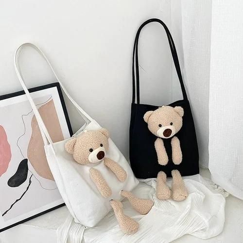 Cute Shoulder Bag for Women – Kawaii Plush Tote Handbag with Teddy Bear Design, Large Capacity Casual Crossbody Purse (Black)