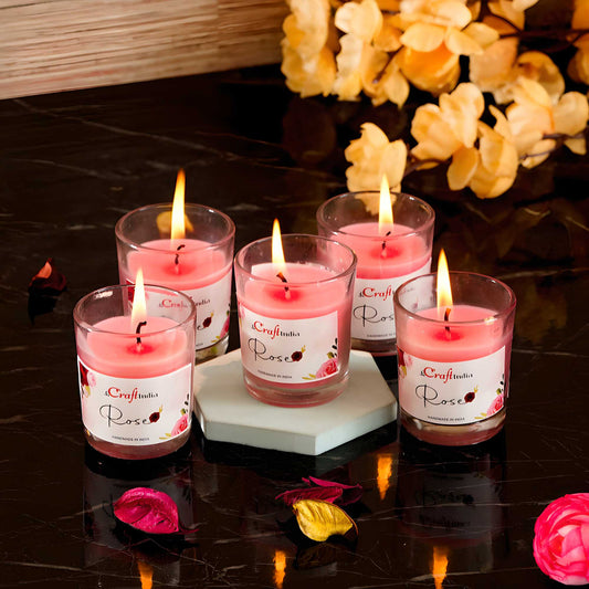 eCraftIndia Rose Scented Glass Candle Set of 5 – Decorative Fragrance Candles for Home, Gifting & Relaxation