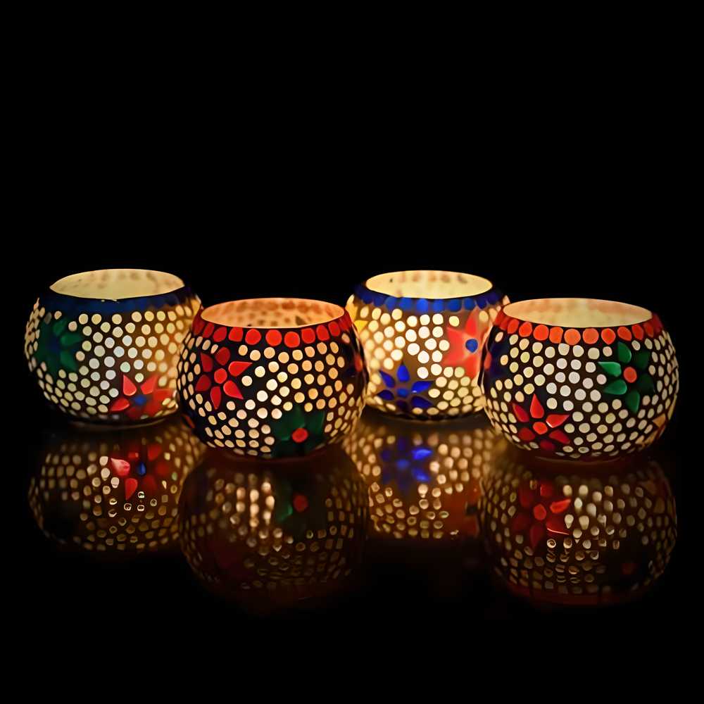eCraftIndia Set of 4 Mosaic Glass Tea Light Holders – Colorful Decorative Candle Lamps for Home & Festive Décor