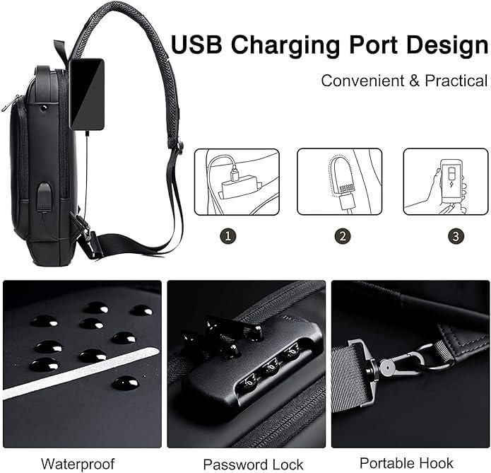 Unisex Sling Bag with USB Charging Port – Leather Crossbody Backpack for Travel, Work & Casual Use