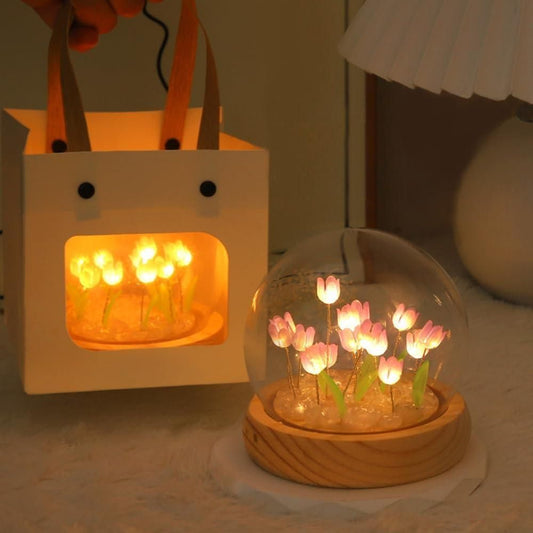 Round Tulip LED Table Lamp with Wooden Base - Multicolor Touch Night Light for Home Decor
