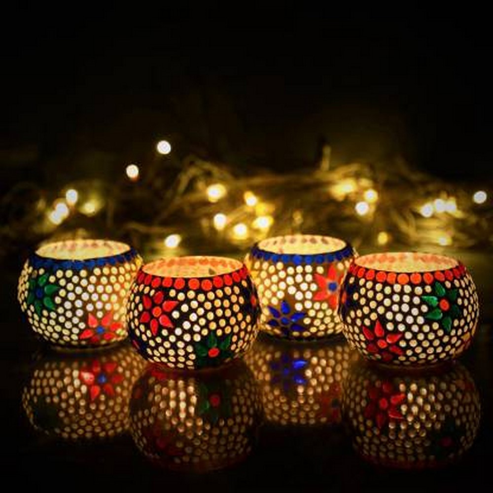 eCraftIndia Set of 4 Mosaic Glass Tea Light Holders – Colorful Decorative Candle Lamps for Home & Festive Décor