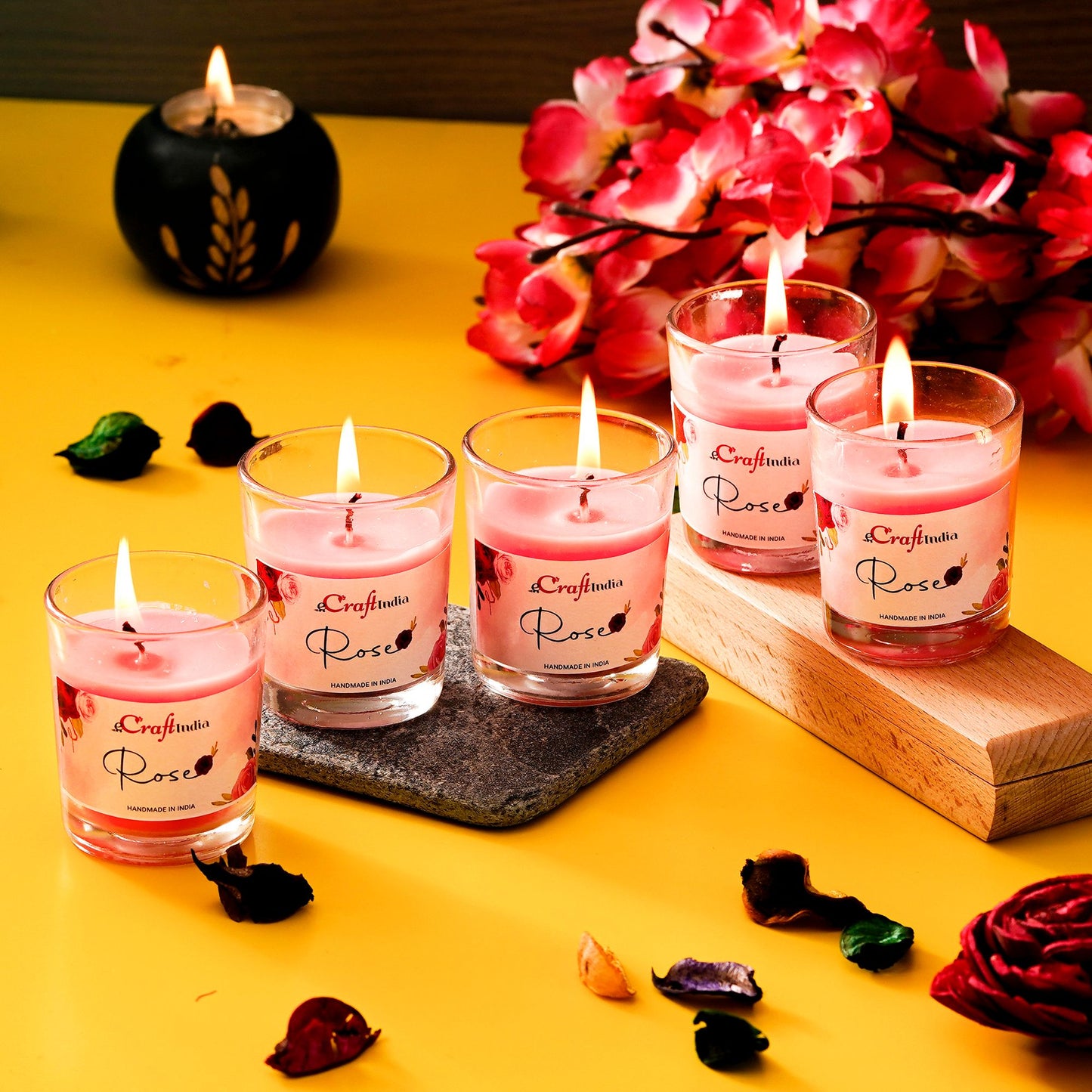 eCraftIndia Rose Scented Glass Candle Set of 5 – Decorative Fragrance Candles for Home, Gifting & Relaxation