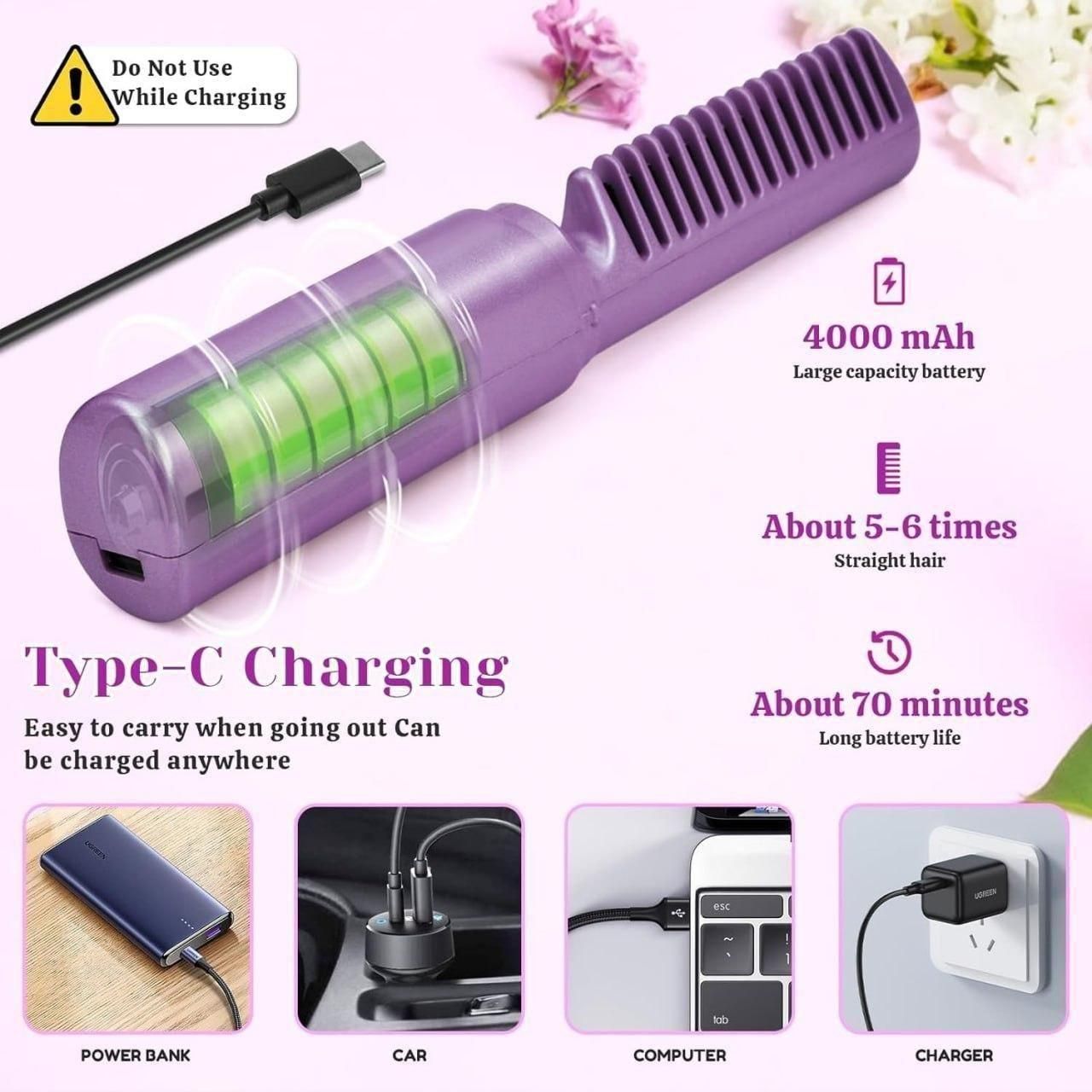 Meneflix Portable Mini Hair Straightener - Cordless Rechargeable Adjustable Hot Comb