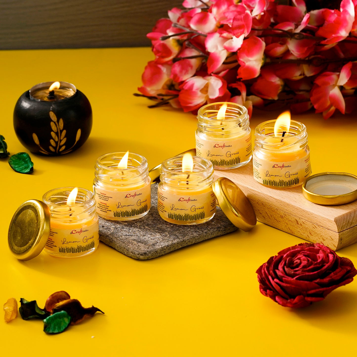 eCraftIndia Lemongrass Scented Mini Jar Candles – Set of 5 Aromatherapy Candles for Home, Spa & Gifts