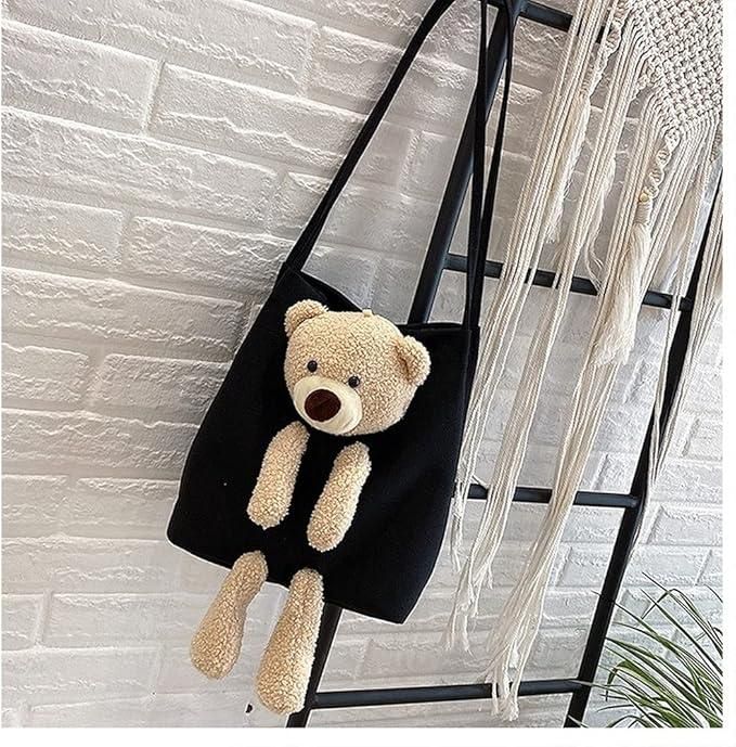Cute Shoulder Bag for Women – Kawaii Plush Tote Handbag with Teddy Bear Design, Large Capacity Casual Crossbody Purse (Black)