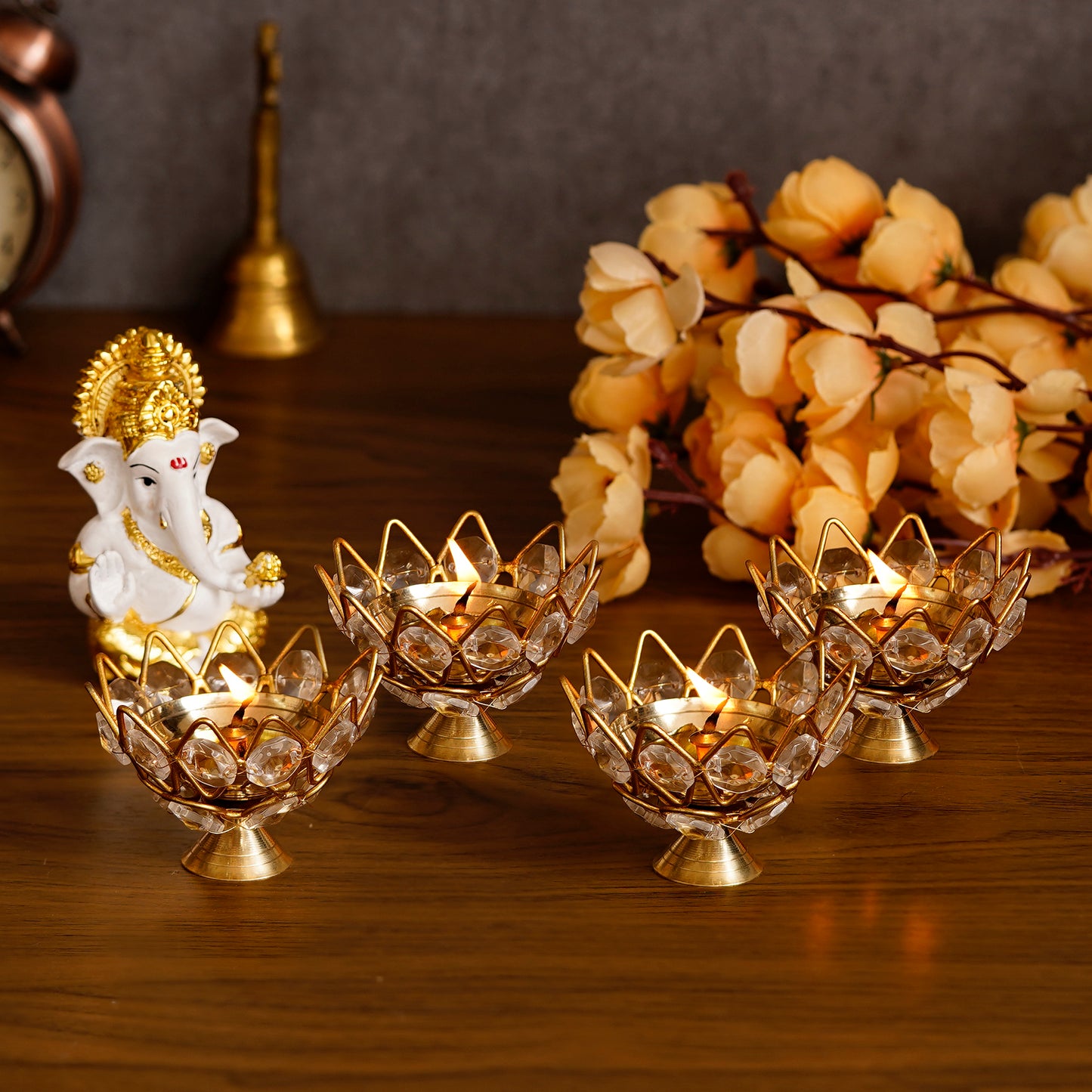 eCraftIndia Lotus Shape Crystal Tea Light Holder – Set of 4 Decorative Candle Holders