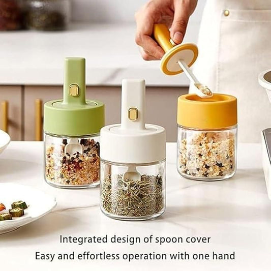 Luxury Glass Seasoning Container with Integrated Spoon Lid – Airtight Leakproof Spice Jar for Kitchen Storage