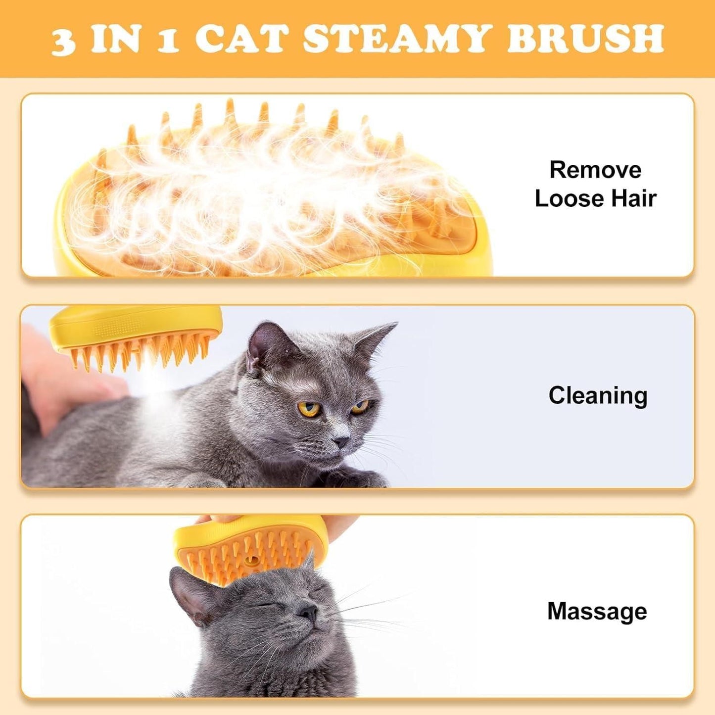 3 in 1 Steamy Pet Hairbrush - Cat Brush Cleaner with Vapor Steam, Massage & Fur Removal
